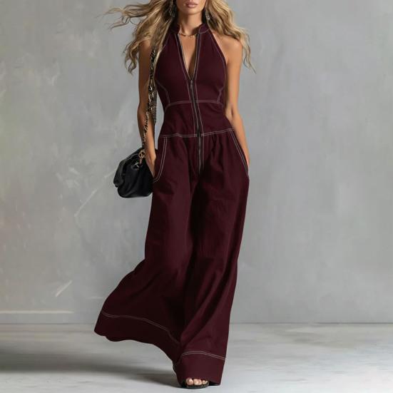 Huaqianguhh Women's Sleeveless Jumpsuit, Zip Up Stand Collar Wide Leg Pants Rompers, Casual Summer One Piece Outfits with Pockets