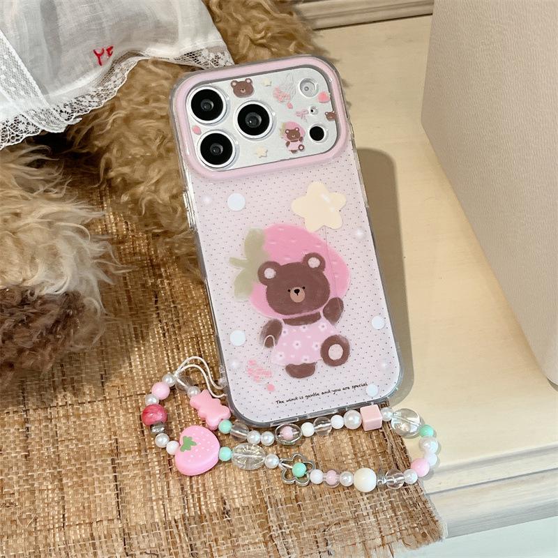 Cartoon Pink Strawberry Bear Headset Phone Case for iPhone 17/16 Pro Max/15 Pro