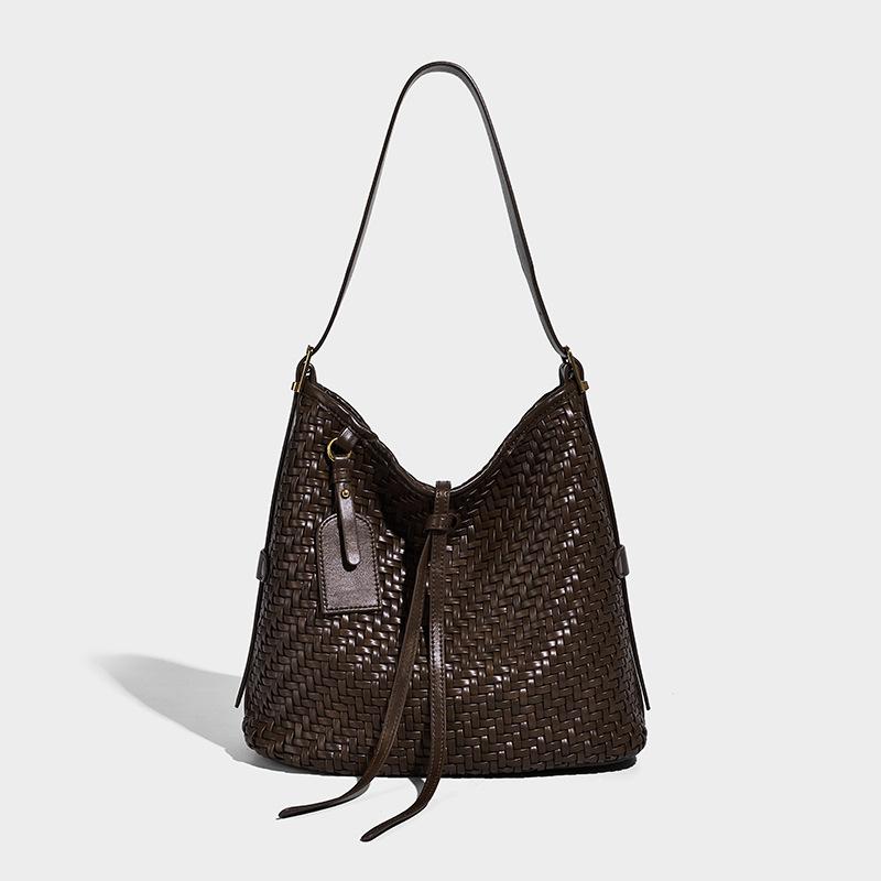 High-end Vintage Woven Bucket Bag for Women 2025 Autumn Winter New Fashion Large Capacity Casual Shoulder Bag for Women