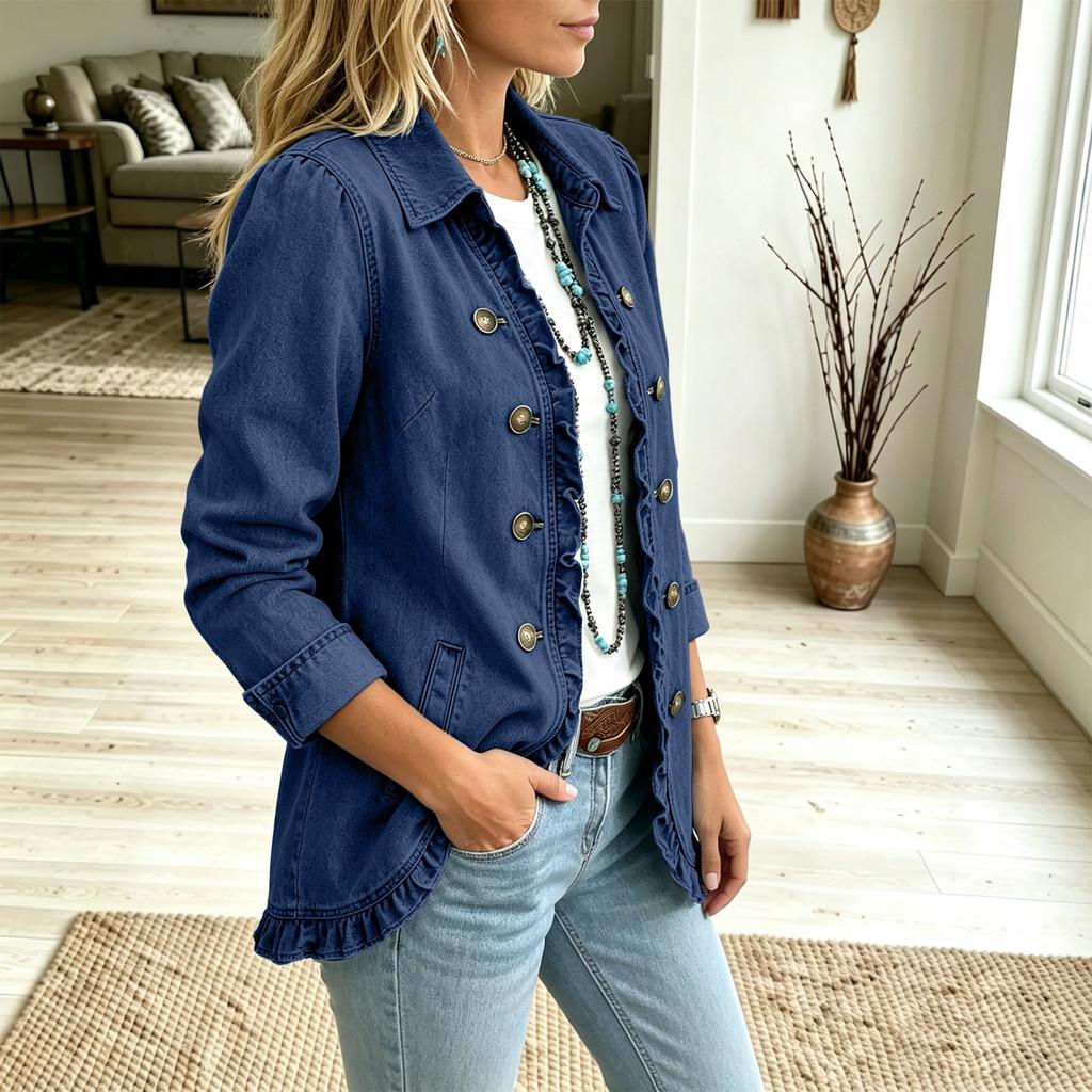 Doppelreihige Damen-Jeansjacke mit Rüschensaum für Freizeitkleidung