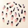 Stylish Long Coffin False Nail Black Glossy Finish Press on Nail with Pink Bows Fase Nail for Fashionable Women Girls