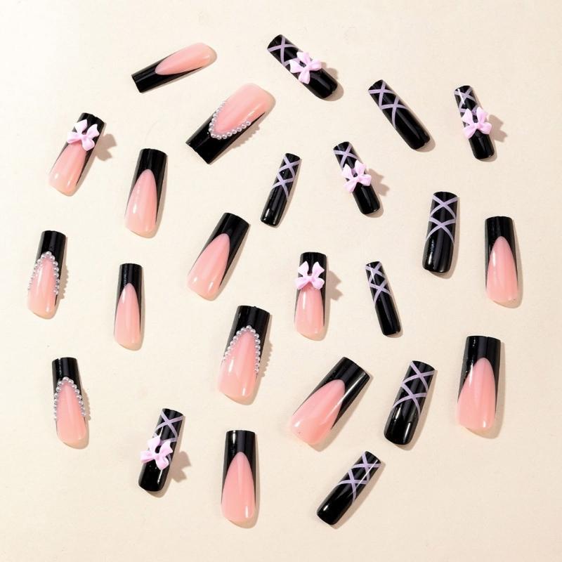 Stylish Long Coffin False Nail Black Glossy Finish Press on Nail with Pink Bows Fase Nail for Fashionable Women Girls