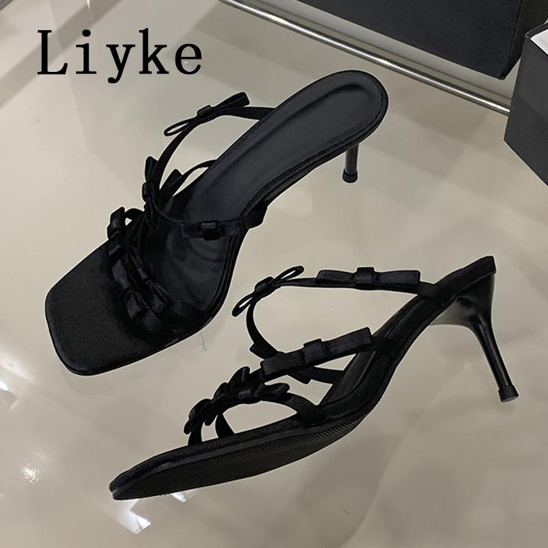 

Fashion Liyke Summer Mules Low Thin Heels Slippers For Woman Bowknot Narrow Band Square Toe Gladiator Sandals Female Party Slides Shoes 35 чёрный