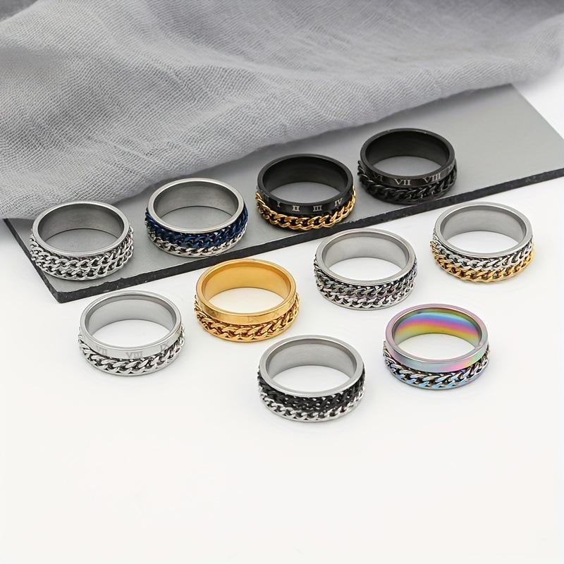 Stainless Steel Jewelry Marking Roman Numeral Chain Rotatable Ring Hip-Hop Style Titanium Steel Ring Set