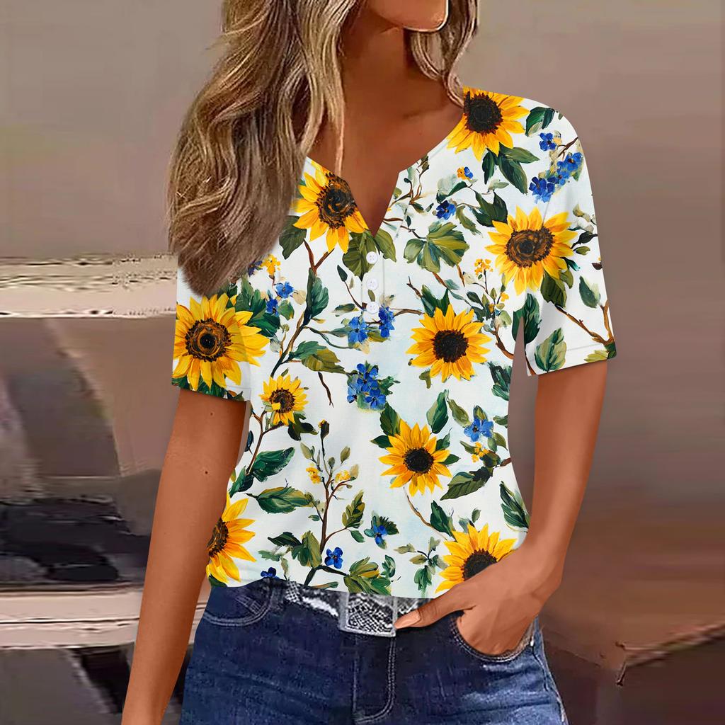 Women's T Shirt Print Button Short Sleeve Daily Weekend Fashion Basic V-Neck Regular Top