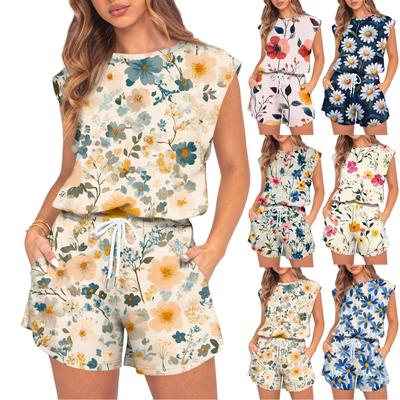 Women's Jumpsuit Floral Print Spring Summer Cap Sleeves Adjustable Drawstring Waist Comfortable Casual Short Jumpsuit With Pockets