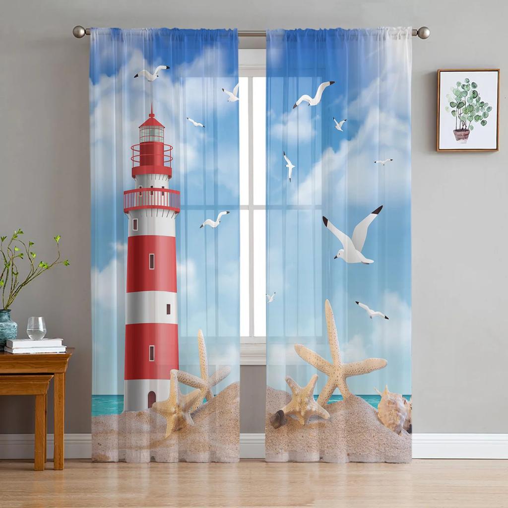 Beach Seashell Starfish Conch Curtain Living Room Bedroom Voile Drape Kitchen Window Tulle Curtains Home Essentials Sheer Polyester Great Decor