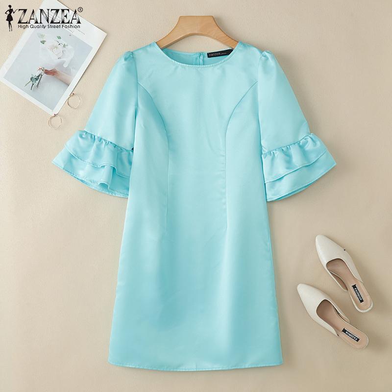 ZANZEA Damen Freizeit O-Ausschnitt Sommer Rüschen Halber Ärmel Etuikleid