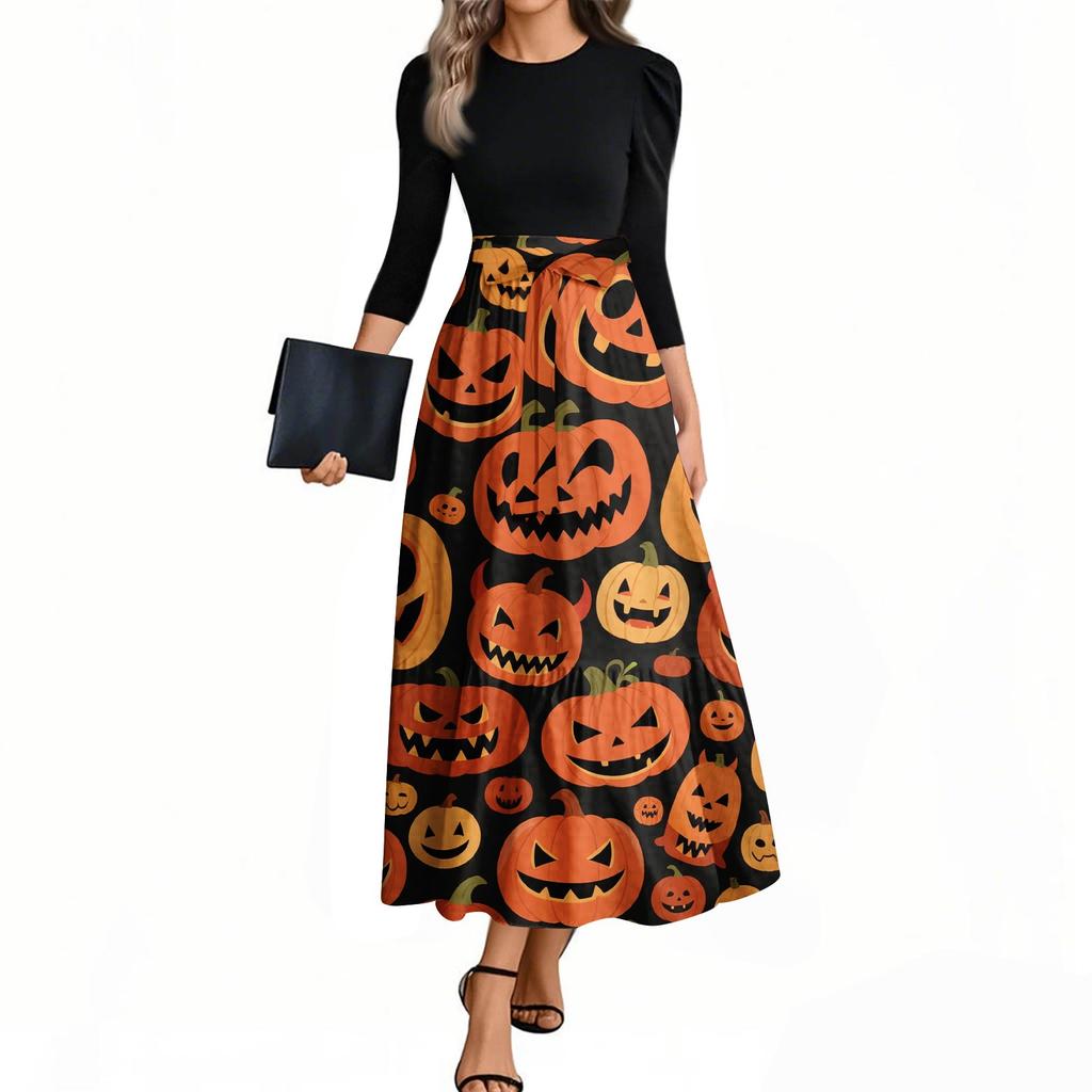 Women's Fashion Casual Belted Three-quarter Sleeve Round Neck Halloween Printed Elegant Temperament Dresses
