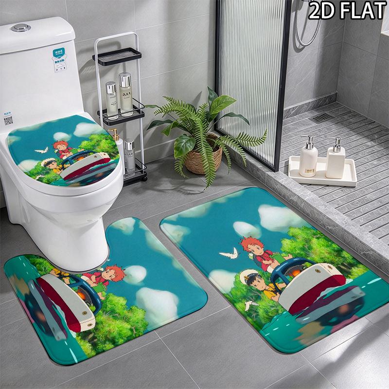 3pcs Ponyo2 Pattern Flannel Nonslip Absorbent Washable Decorative Bathroom Home Toilet Seat Cover Mat