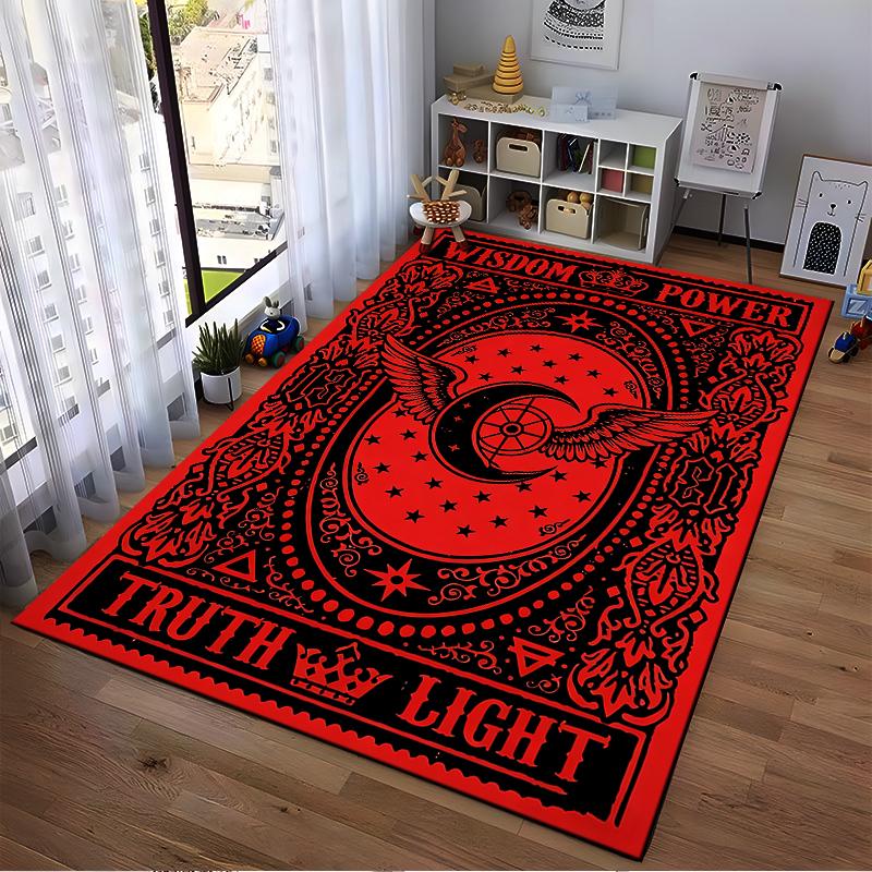 Red and Black Carpet with Winged Moon, Stars, Wisdom Power Design Suitable for Use As an Anti-slip for Living Room Bedroom Sofas