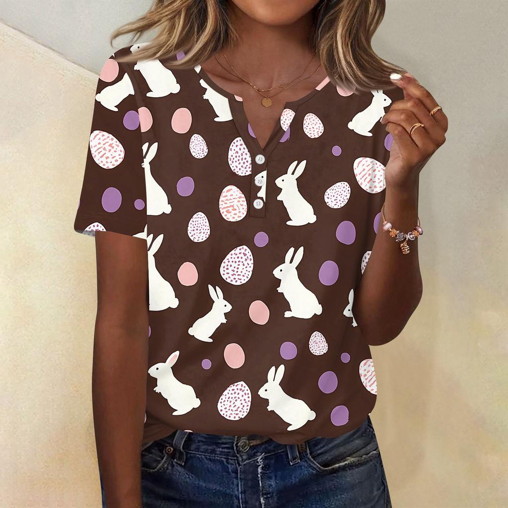 Women's T Shirt Print Button Short Sleeve Daily Weekend Fashion Basic V- Neck Regular Top