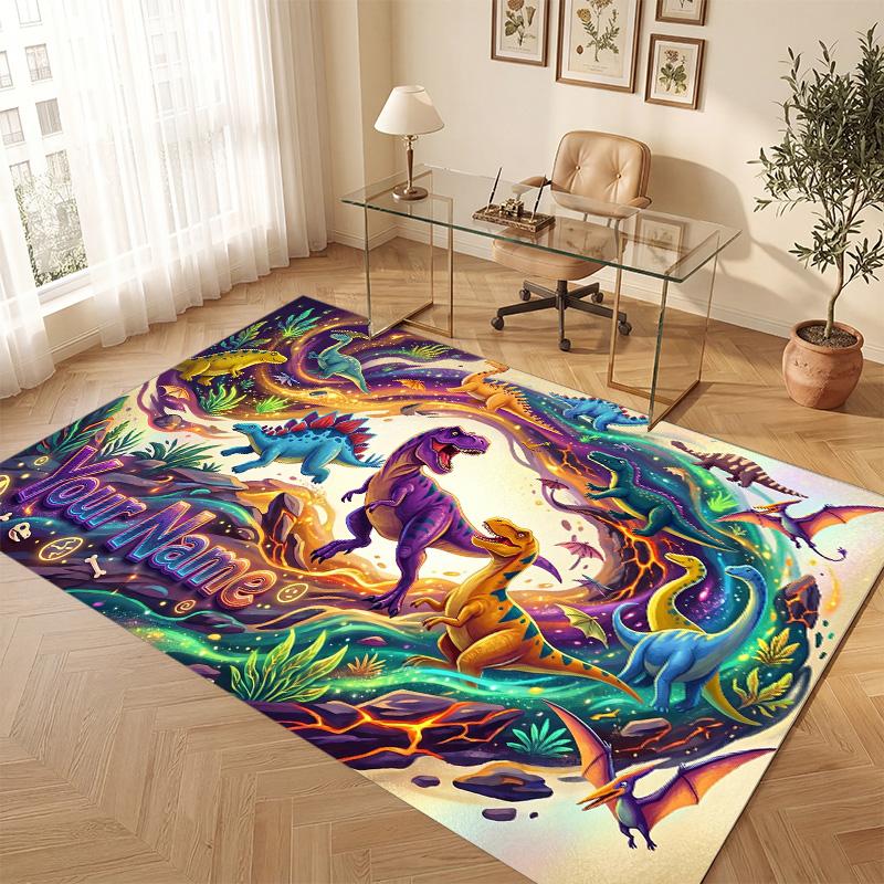 Dinosaur Theme Soft Crystal Velvet Rug Custom Name & Text Print Non Slip Floor Rug for Bedroom Living Room