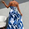 1011 New Plant Printing Hollow Neck Strap Swimsuit Mesh Long Skirt Split Three-piece Bikini Spot