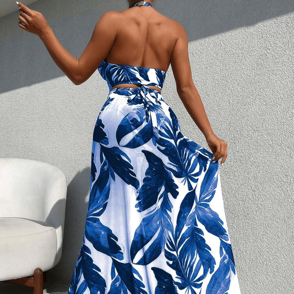 1011 New Plant Printing Hollow Neck Strap Swimsuit Mesh Long Skirt Split Three-piece Bikini Spot