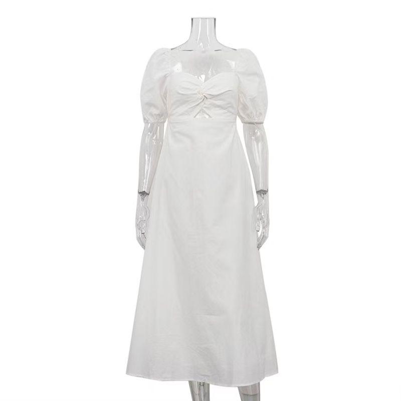 

European and American Fashion Design Square Collar Slim fit Puff sleeve Dress Bubble Sleeve Hollow Dress White L