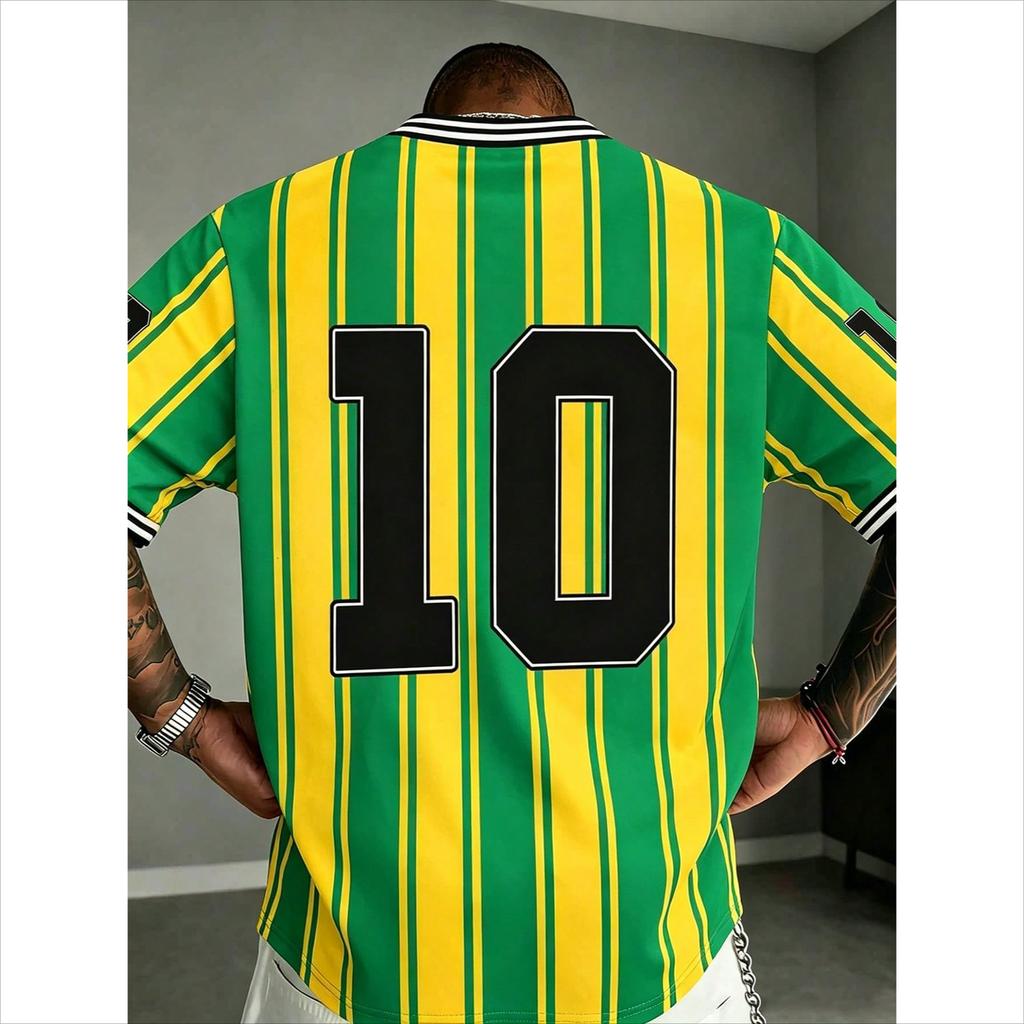 Men's Summer Casual Football Theme T-Shirt, Green and Yellow Vertical Stripes, Number Pattern Short Sleeve Shirt