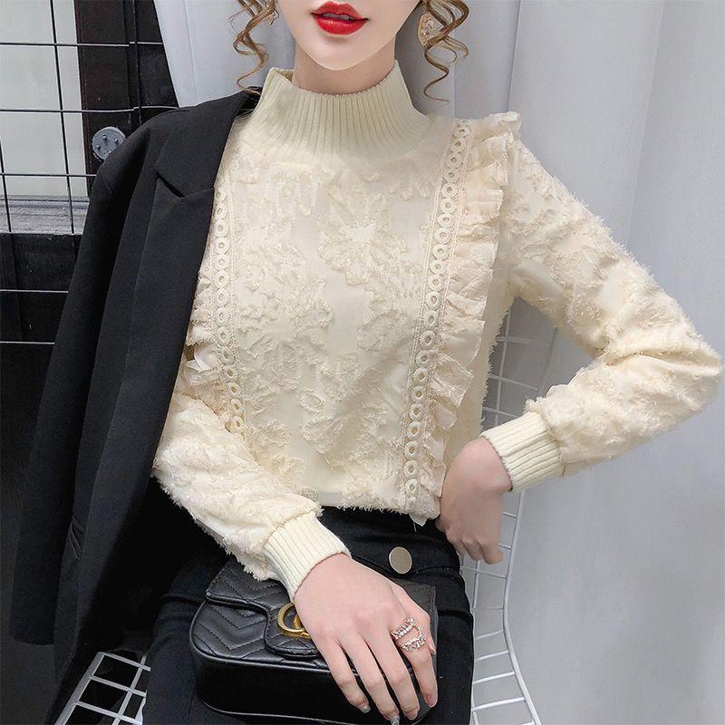 Elegant Velvet-Lined Lace Half-High Collar Shirt for Women - Autumn/Winter Collection