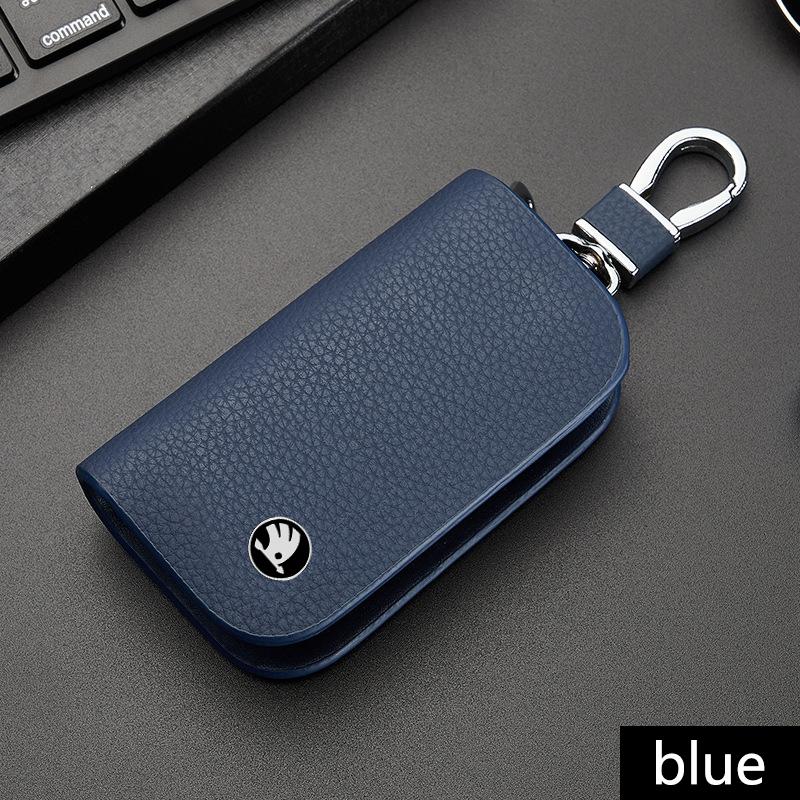 Genuine Leather Key Case Zipper Key Cover Car Accessories Tools for Skoda RS Rapid Yeti Karoq Vision Octavia Kodiaq Kamiq Fabia BI7