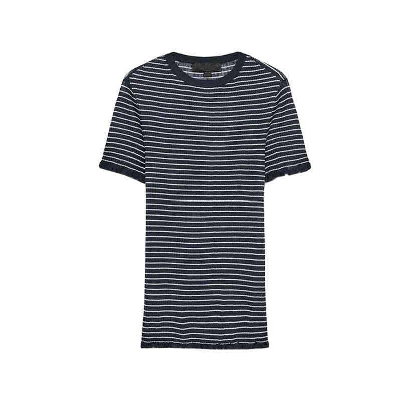 Summer Women Clothes Minimalist Style Laminated Decoration Stripe Rib Round Neck Short Sleeve Knitted Top 3653003
