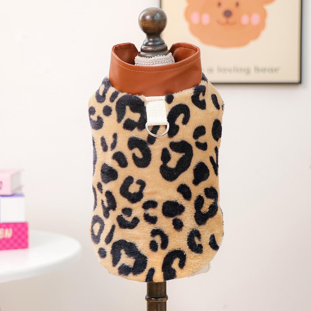 Pet autumn and winter new small dog puppy happy dog cat warm and comfortable leopard leather jacket