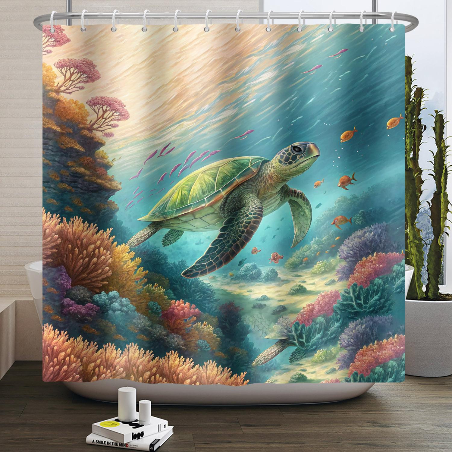 

Blue Underwater World Shower Curtain Dolphin Turtle Deep Sea Fish Aquatic Plant Home Bathroom Bath Curtain Waterproof With Hooks W60H190(CM)-1 Pcs