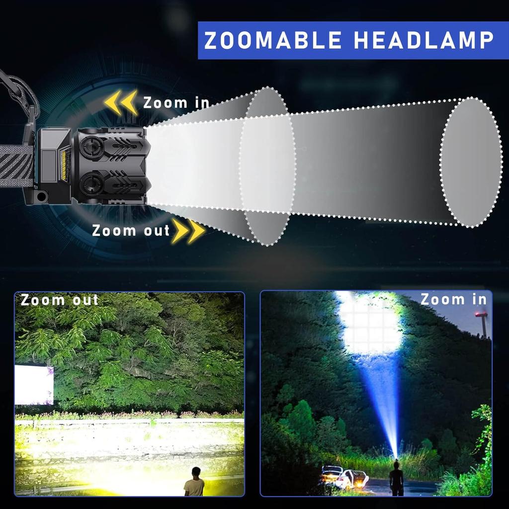 90000 Lumens Rechargeable Headlamp with 9 Modes, Adjustable Focus, and Battery Indicator - Waterproof Hard Hat Design
