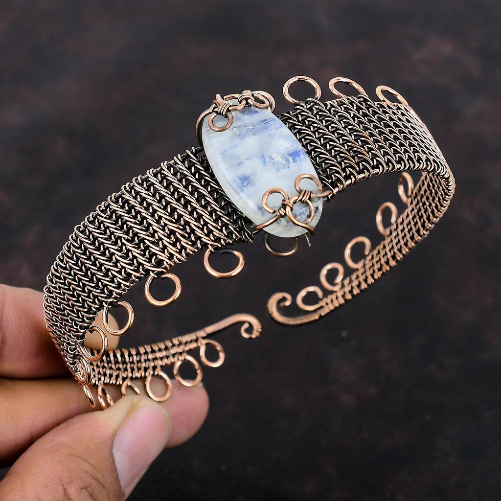 Regenbogenmondstein Edelstein Armreif Kupferdraht umwickelter Armreif Handgefertigter Schmuck Verstellbarer Armreif Kupferdraht Schmuck Jubiläumsgeschenk