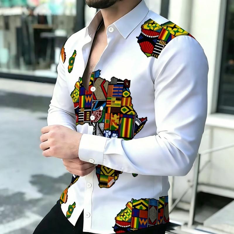 Men's Shirt Personalized Printed Long Sleeve Shirt Black Brown Contrasting Design Sense Shirt Street Trendy Men's Wear