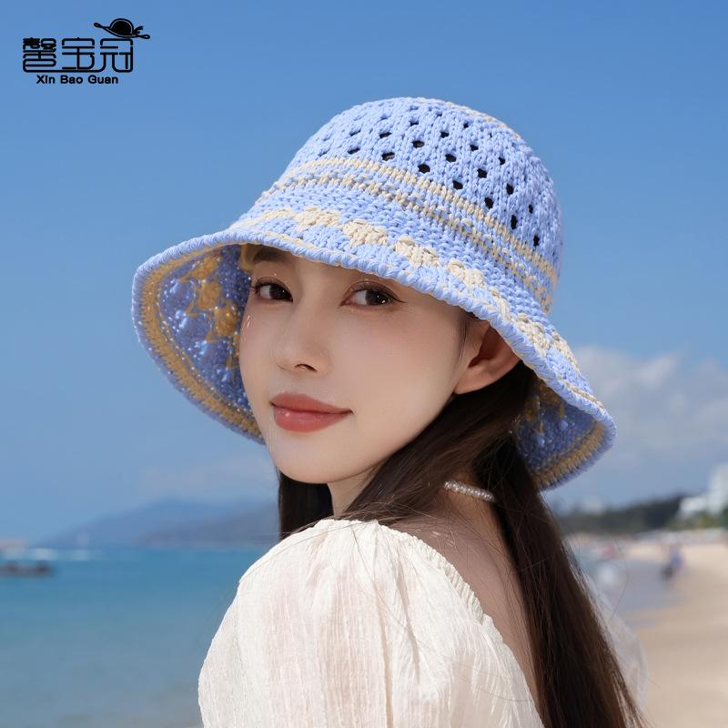 Fashion bucket hat casual versatile washbasin hat summer knitted hollow breathable sunscreen bucket hat