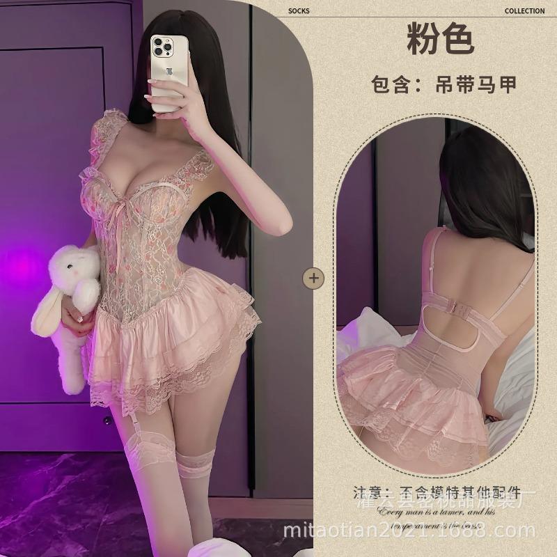 Sexy lingerie Sexy slim-fitting small breasts gather pajamas Uniform Sweet wind floral printing and dyeing suspender vest