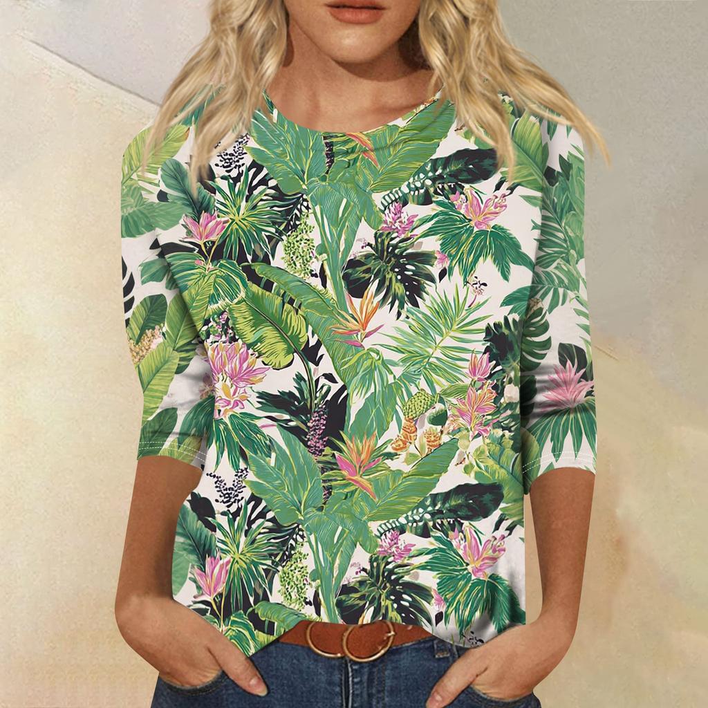 Women's Fashionable Casual Round Neck Three-Quarter Sleeve Printed T-Shirt Top