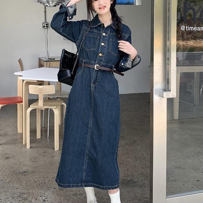 Retro Schlankheits-Denimkleid im koreanischen Stil: Taillenbetonendes Midi mit langen Ärmeln für Damen - Neue Herbst- & Frühjahrskollektion