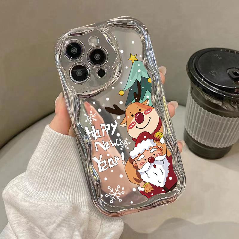 Roztomilý Merry Christmas Pattern Mirrror Shockproof Phone Case pro iPhone 15 Pro Max 14 13 Pro 12 11 Wave Frame Ochrana čočky Lesklé pokovování měkký kryt