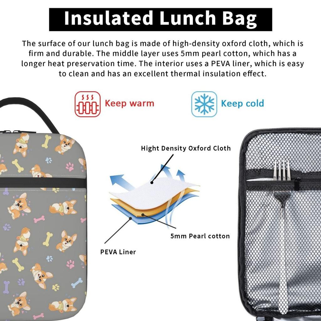 Cute Corgis And Footprint Pattern Insulated Lunch Bag for Women Children Leakproof Food Boxes Thermal Lunch Box Tote
