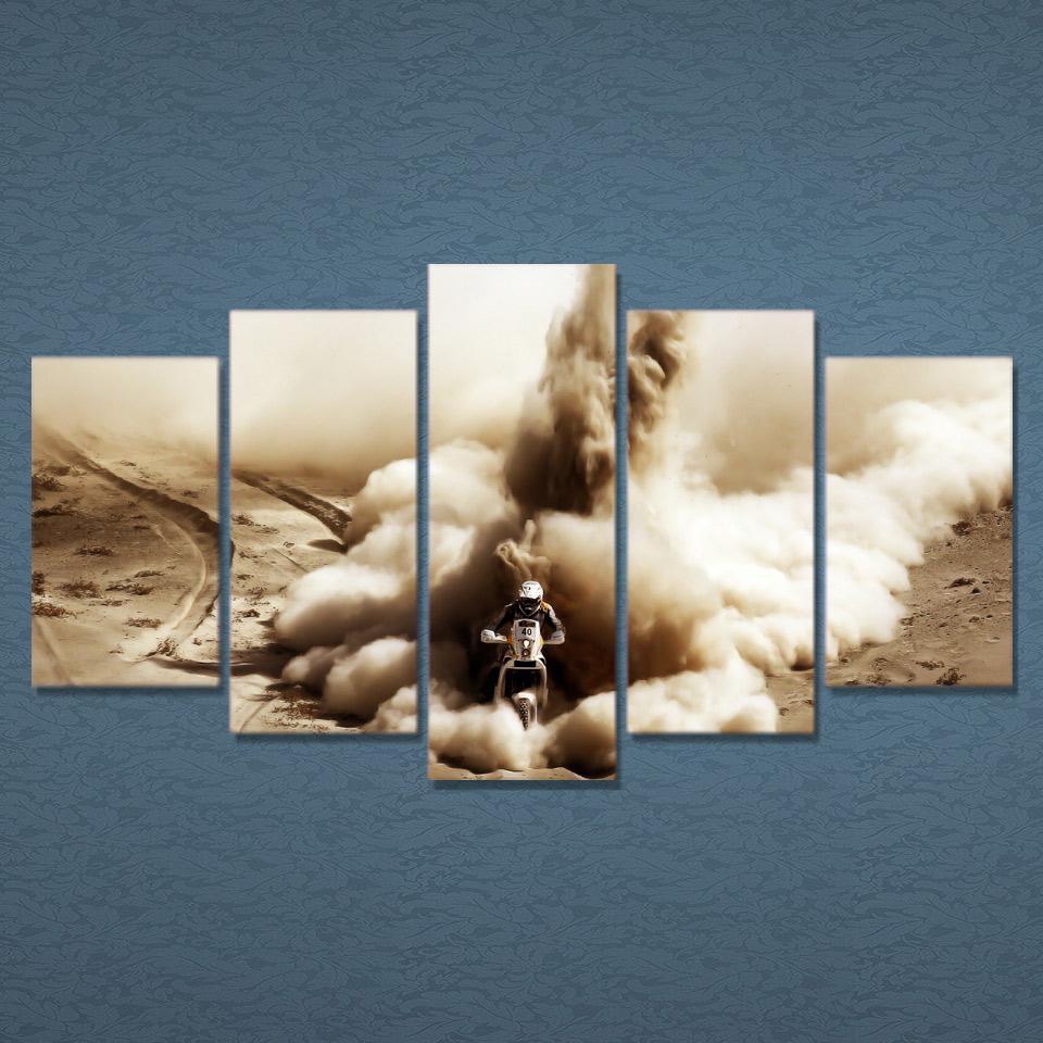 

5 Panel Modern Wall Art Canvas Painting Motorcycle Racers Cross The Desert Landscape HD Poster Pictures Home Decor 20X35 20X45 20X55CM