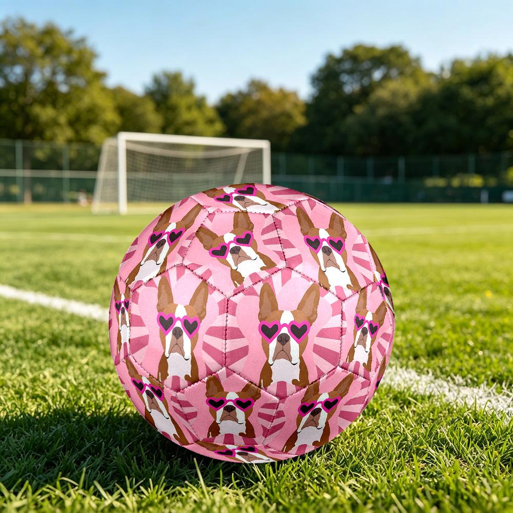 1pc Pink Heart Glasses Dog Theme Soccer Ball Football, Size 5, Lightweight PVC, Outdoor Training Soccer Ball,Gift j61432