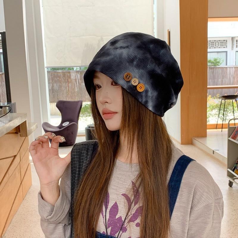 Button retro pile hat women's wasteland wind niche daily cold hat big head circumference advanced feeling bag head hat tide