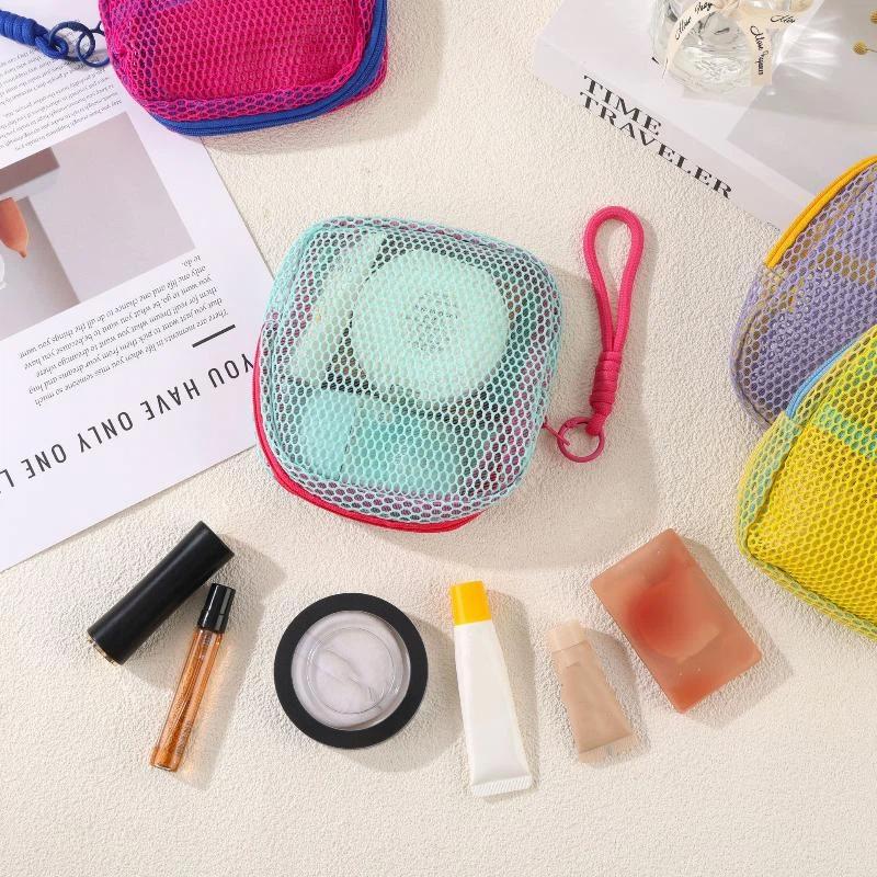 Candy Color Square Mesh Cosmetic Organization Storage Bag With Zipper Portable Sundries Pouch For Travel With Rope 1Pc