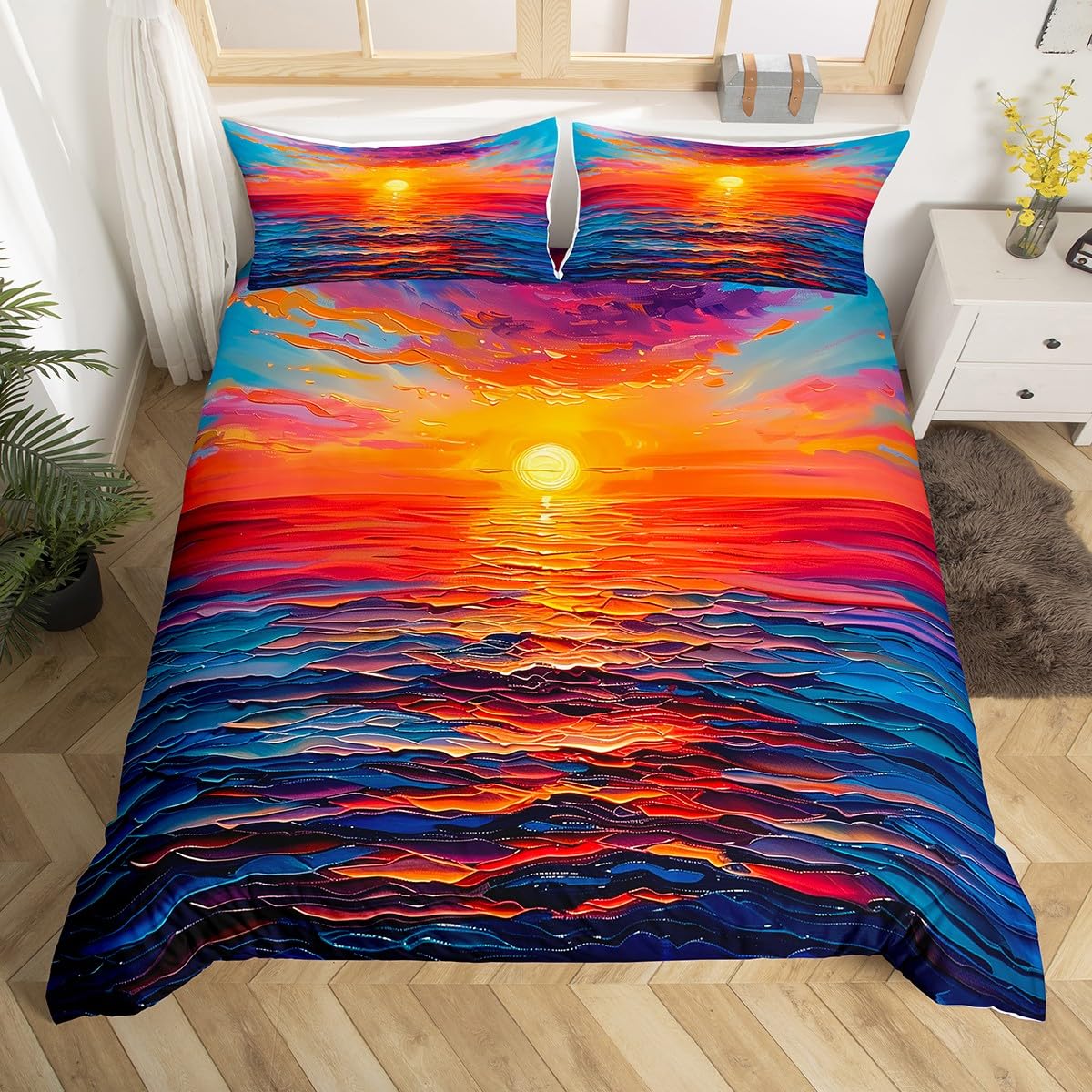 

Sunrise Sunset and Sea Duvet Cover Sets for Teens Lightweight Quilt Covers Sea Coastal Nature Pattern Bedding Set Bedroom Decor US King(264x228cm)