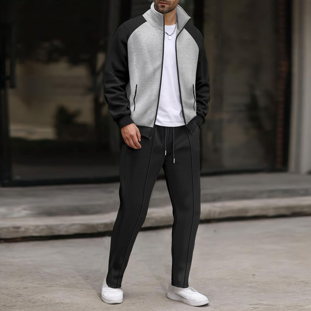 Men  Waverg  Zipper  Pocket  Flip Collar  Self-Cultivation  Cardigan  Jacket  Set