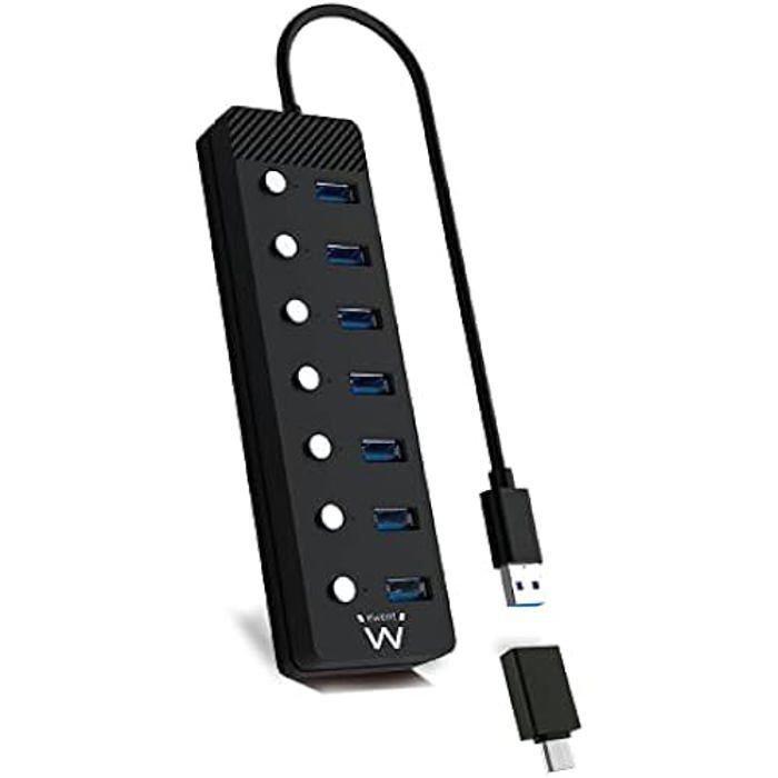 Hub USB Ewent EW1147 - 7 ports - commutateurs indépendants - adaptateur secteur - Noir
