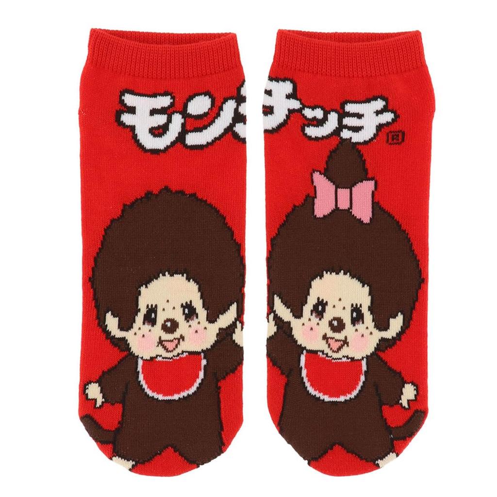 Monchhichi High Touch Pattern Socks Left Right Different Designs 23-25cm Sneaker Length Red Women