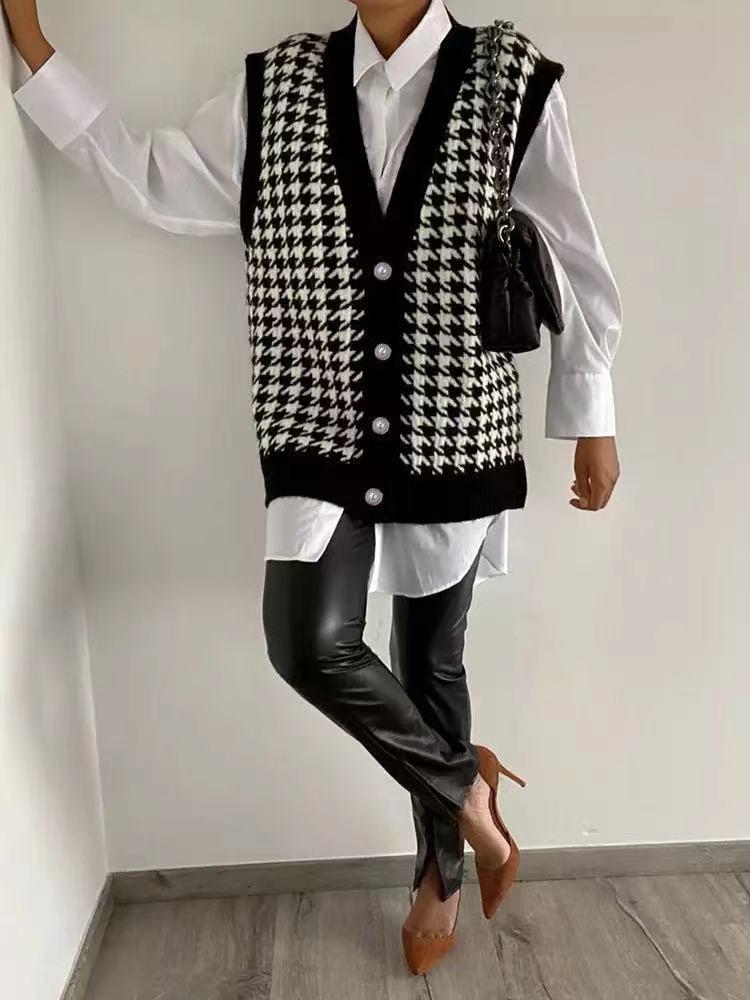 2023 Spring & Autumn Women's Houndstooth Knit Sleeveless Cardigan Vest
