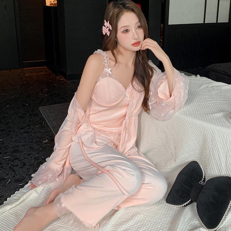 Elegant Three-Piece Lace Fleece Pajamas for Women - Autumn/Winter Collection