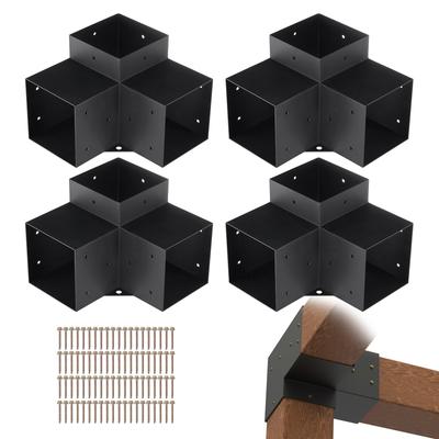 Kit de Soportes para Pérgola 6''x6''(Tamaño interior 5.6x5.6), 4 piezas Soporte de Esquina de 3 Vías de Alta Resistencia Carpintería Bricolaje Kit de Base para Poste