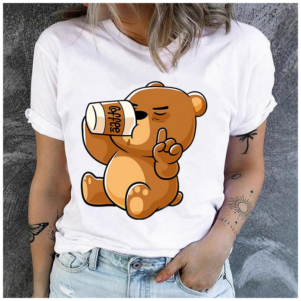 Unisex 100% Polyester Cartoon Brown Bear Print Loose Round Neck Casual Short Sleeve T-Shirt Fashion Top for Summer