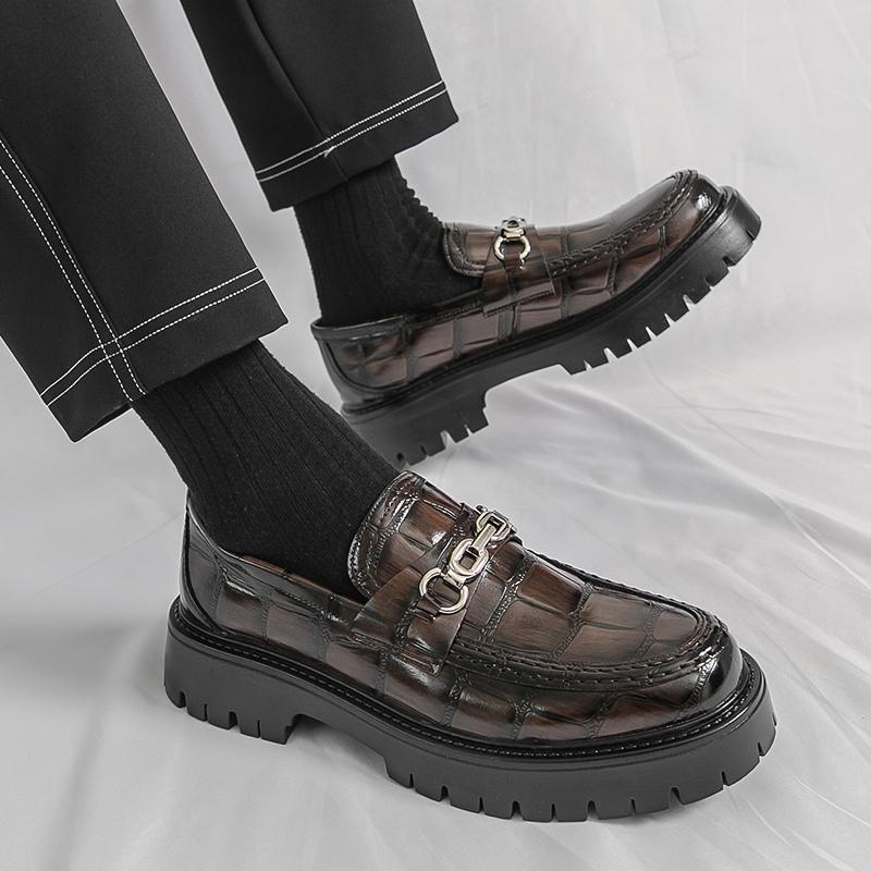 Fashion Retro Brand Men's Crocodile Leather Comfortable Thick Soled Derby Shoes Spring Men's Retro Lace Up Business Casual Leather Shoes