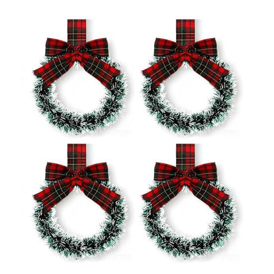 Mini Christmas Cabinet Wreaths 5.1 Inch Small Kitchen Xmas Decor with Red Ribbon Bow Plastic Rattan Fabric Window Door Office Holiday Decoration
