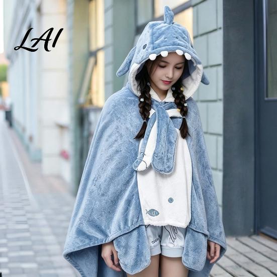 Soft Plush Cape Bat Blanket Hoodie for Adults Cute Shark Fox Hooded Cape Unisex Costume Cozy Wearable Halloween Cosplay Home Loungewear Gothic Style